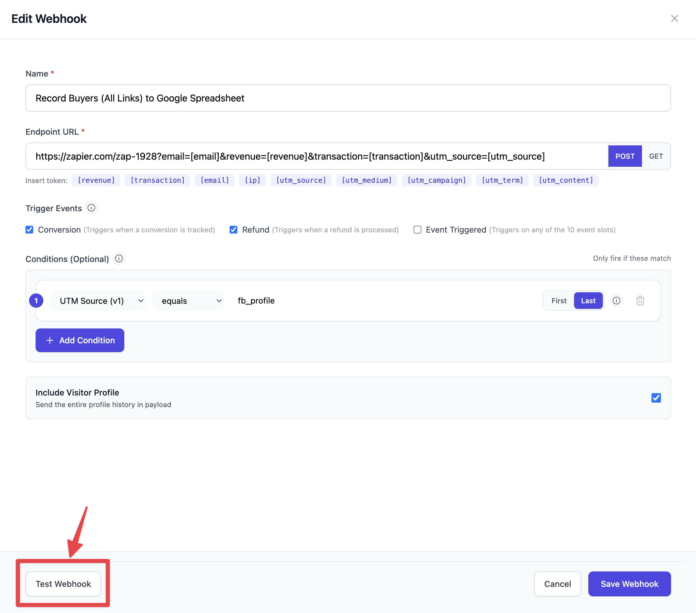 The Edit Webhook configuration window displays a Test Webhook button highlighted with a red box, which users can click to verify their webhook setup before saving.