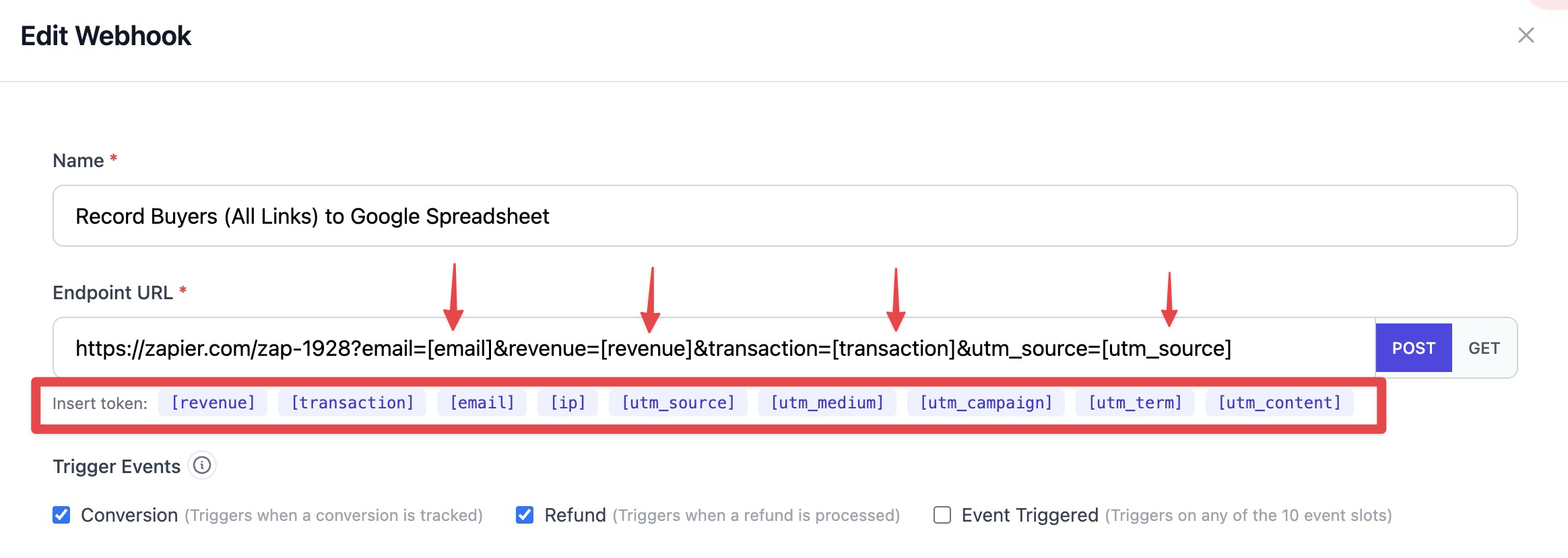 The Edit Webhook interface shows how to construct an Endpoint URL by clicking the available tokens to automatically append dynamic data parameters like email, revenue, and UTM source to the request s…