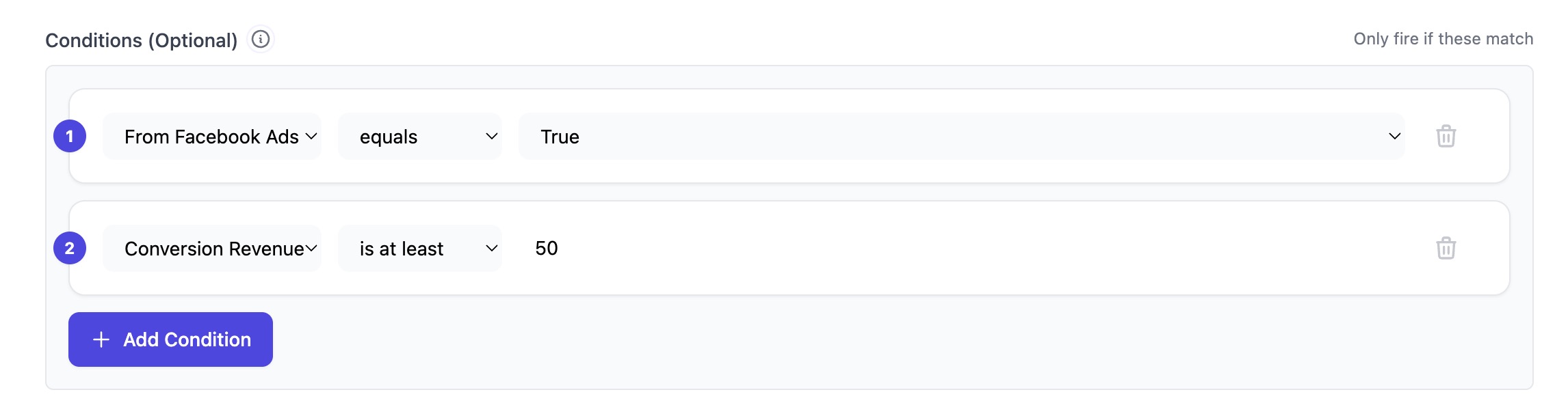 The Conditions section of the interface displays two configured rules requiring that the conversion source is Facebook Ads and the revenue is at least 50, with an Add Condition button below.