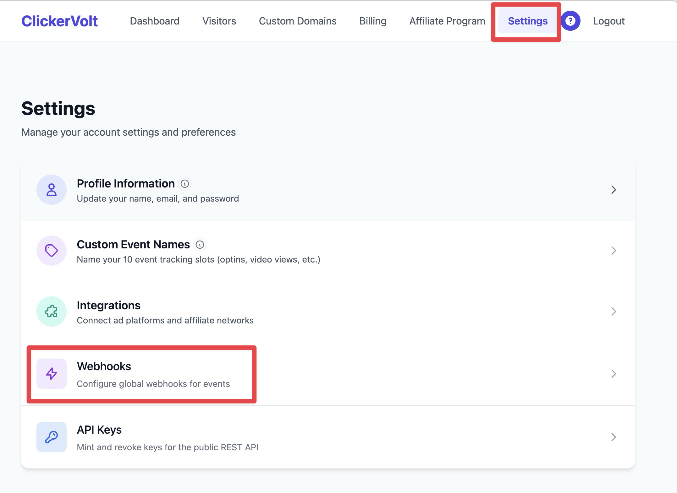 The Settings page in ClickerVolt with the Webhooks option highlighted, which allows users to configure global webhooks for events.