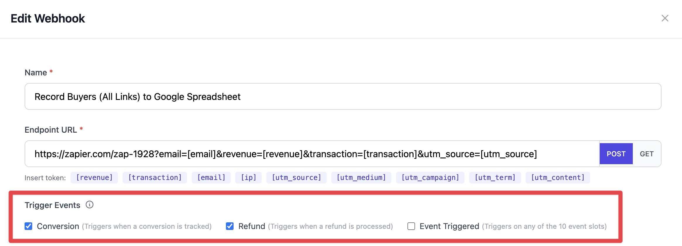 The Edit Webhook configuration screen highlights the Trigger Events section, where users can select Conversion, Refund, or Event Triggered options to determine when the webhook will execute.