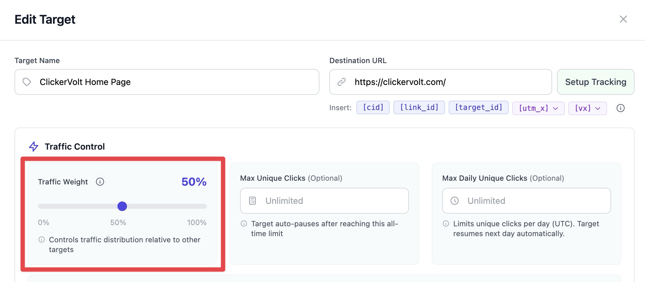 The Edit Target window shows the Traffic Control section with the Traffic Weight slider highlighted, which allows users to adjust the percentage of traffic distributed to this specific target.