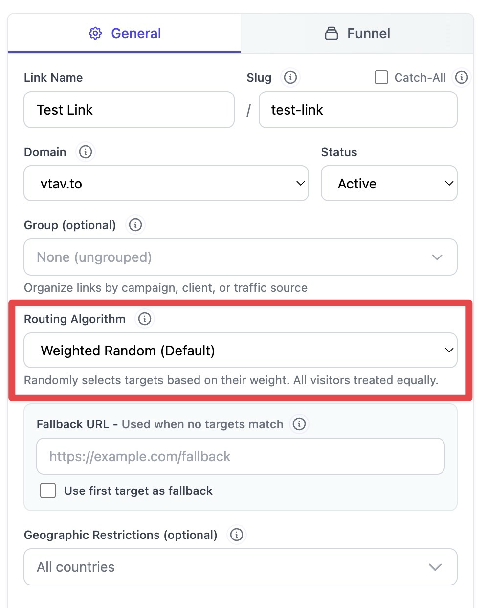 The General tab of the link settings page, with the Routing Algorithm dropdown menu highlighted, allowing users to select how traffic is distributed among target URLs.