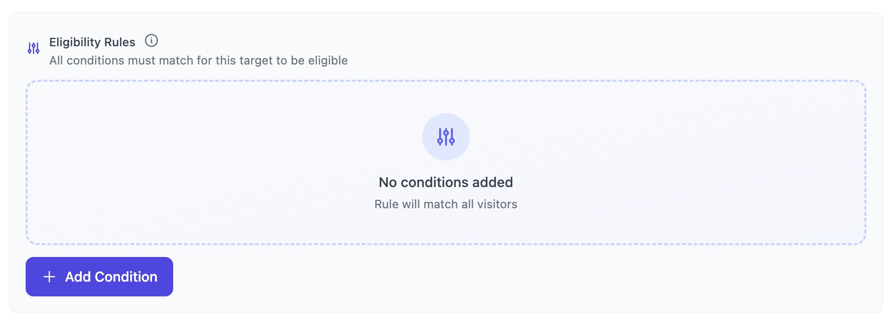 The Eligibility Rules section displays a default state with no conditions added, indicating that the rule currently matches all visitors, and provides an Add Condition button to define specific targe…