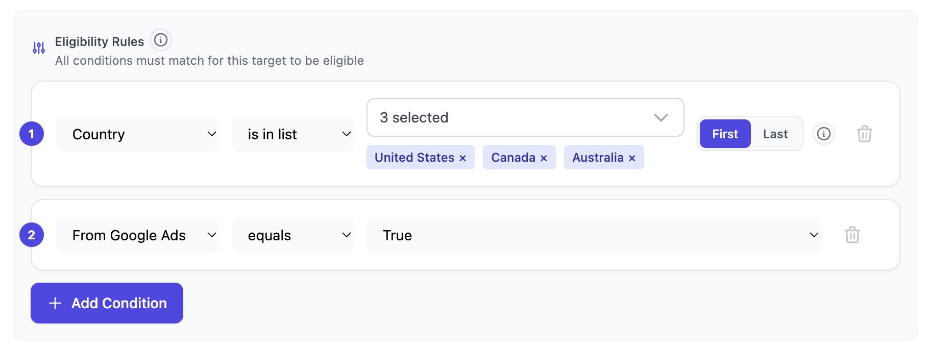 The Eligibility Rules interface shows two active conditions requiring users to be from the United States, Canada, or Australia and to have arrived via Google Ads, with an Add Condition button below.