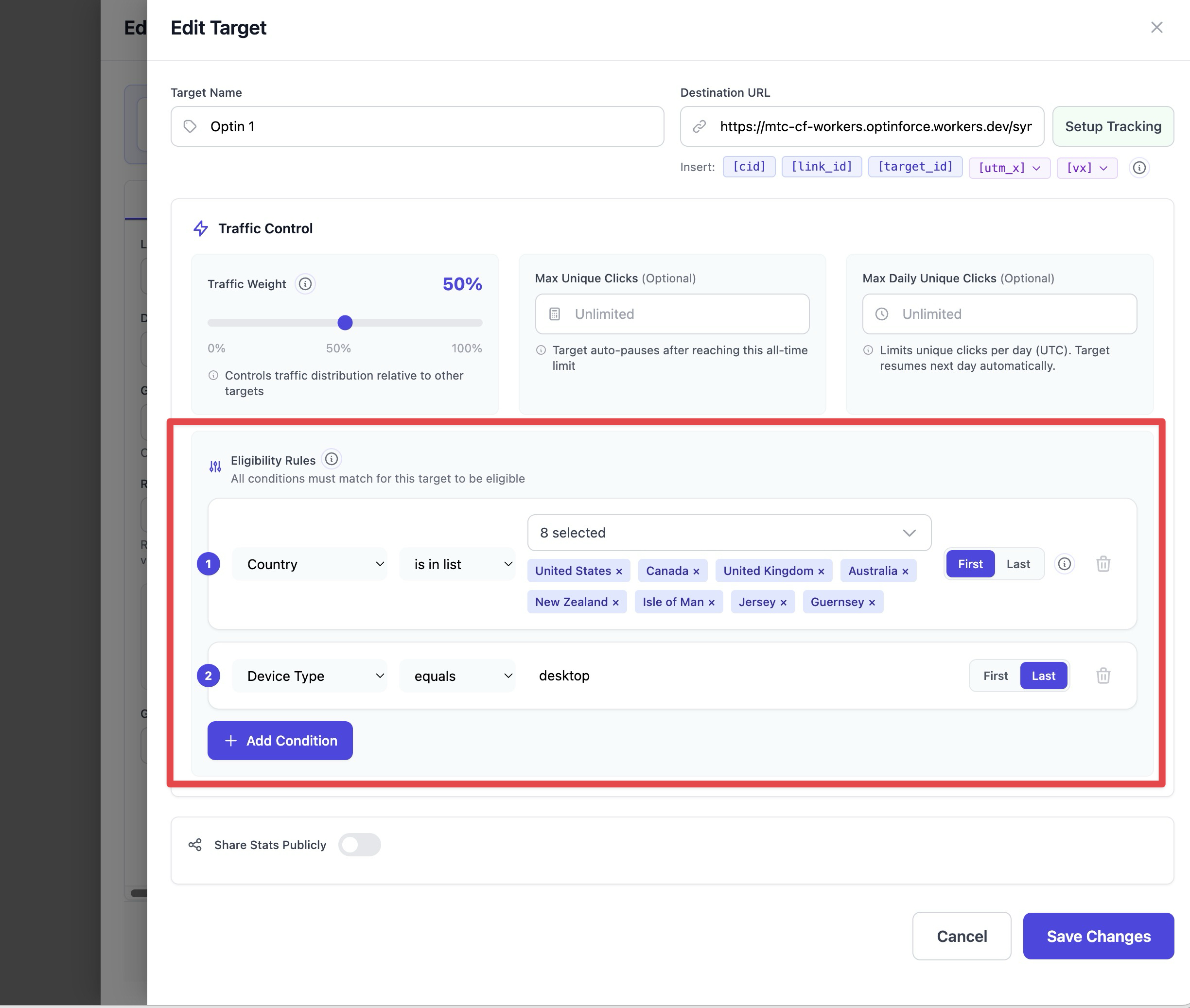 The Edit Target window displays the Eligibility Rules section, where a red box highlights two configured conditions for filtering traffic by country and device type.