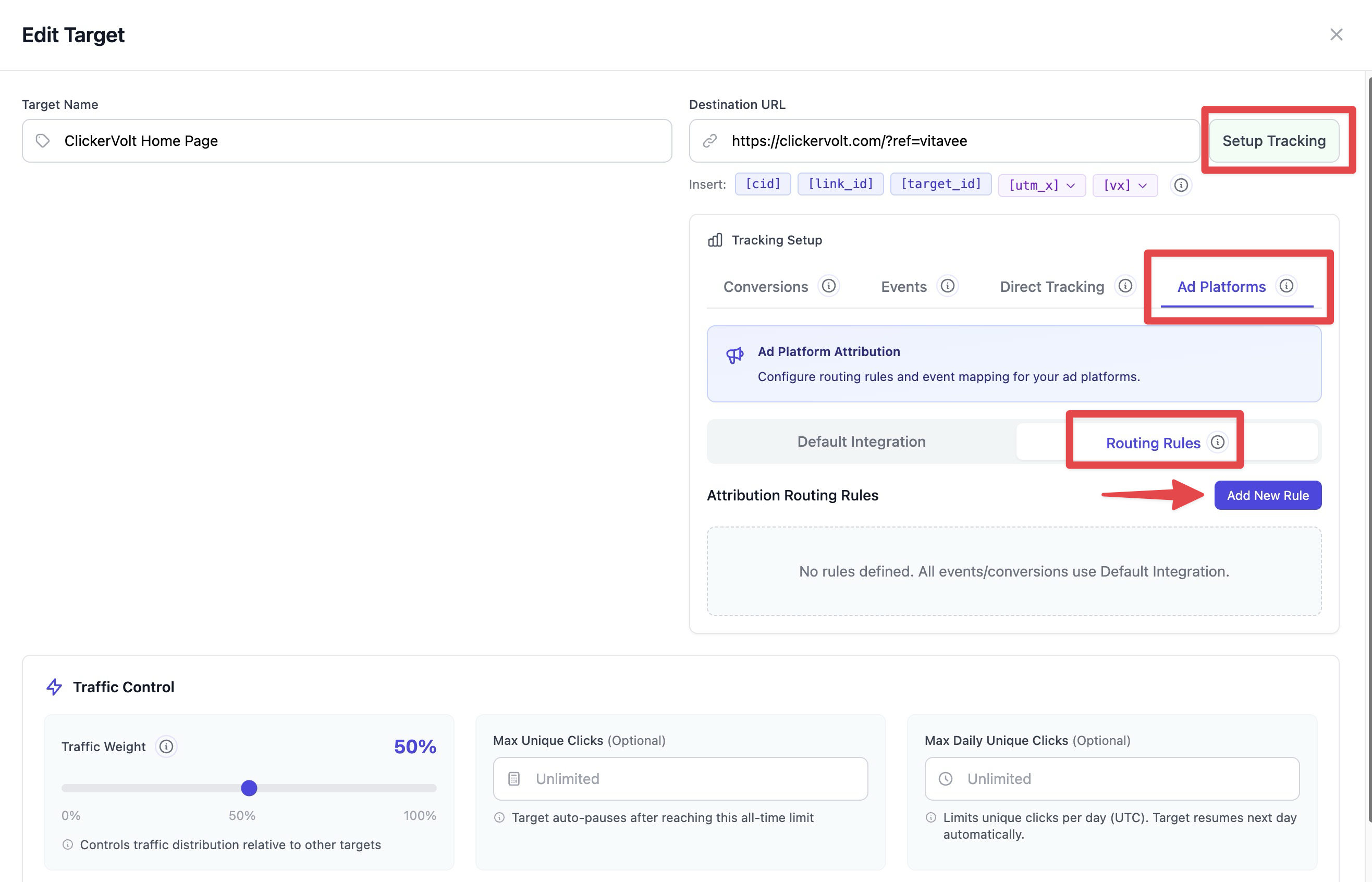 The Edit Target interface shows the Ad Platforms tab selected within the Tracking Setup section, with red boxes highlighting the Setup Tracking button, the Ad Platforms tab, and the Add New Rule butt…