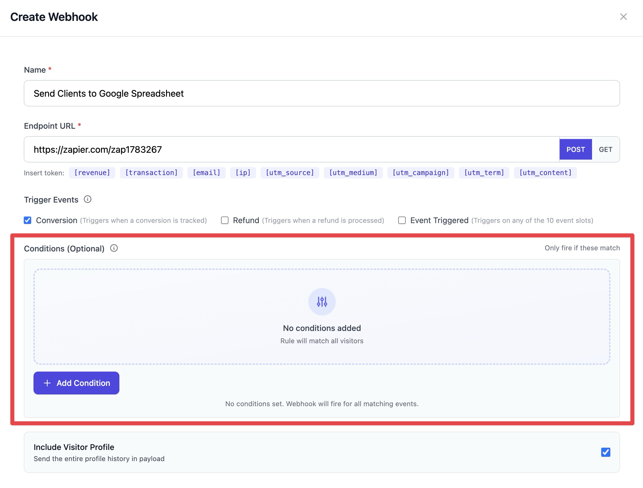 The Conditions section of the Create Webhook interface is highlighted, showing where users can add optional rules to filter which events trigger the webhook.