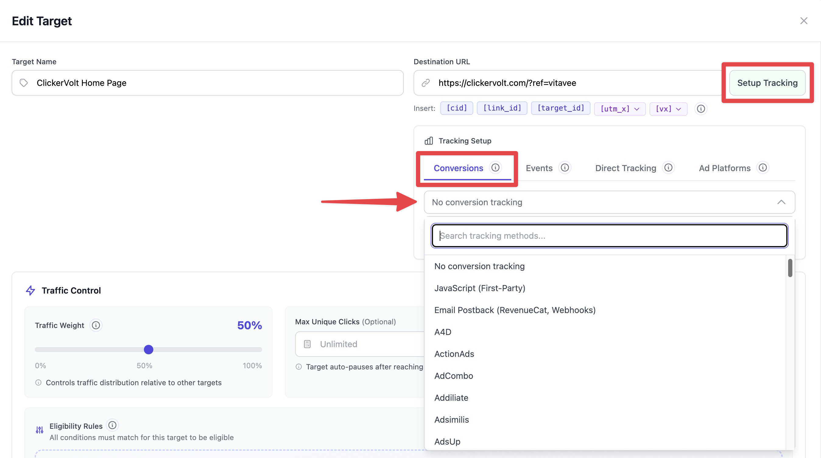 The Edit Target window shows the Tracking Setup section with the Conversions tab selected, displaying a dropdown menu of available conversion tracking methods for the selected target.