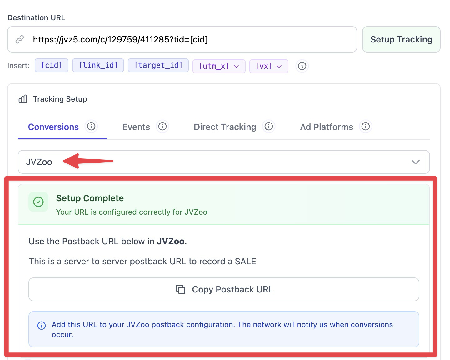 The tracking setup interface shows a successfully configured JVZoo integration, highlighting the postback URL that must be copied and added to your JVZoo account to track sales.