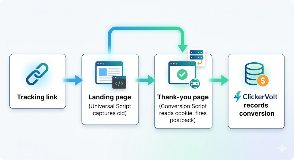 A process flow diagram illustrating how ClickerVolt tracks conversions, starting from a tracking link to a landing page with a universal script, through a thank-you page, and finally recording the da…