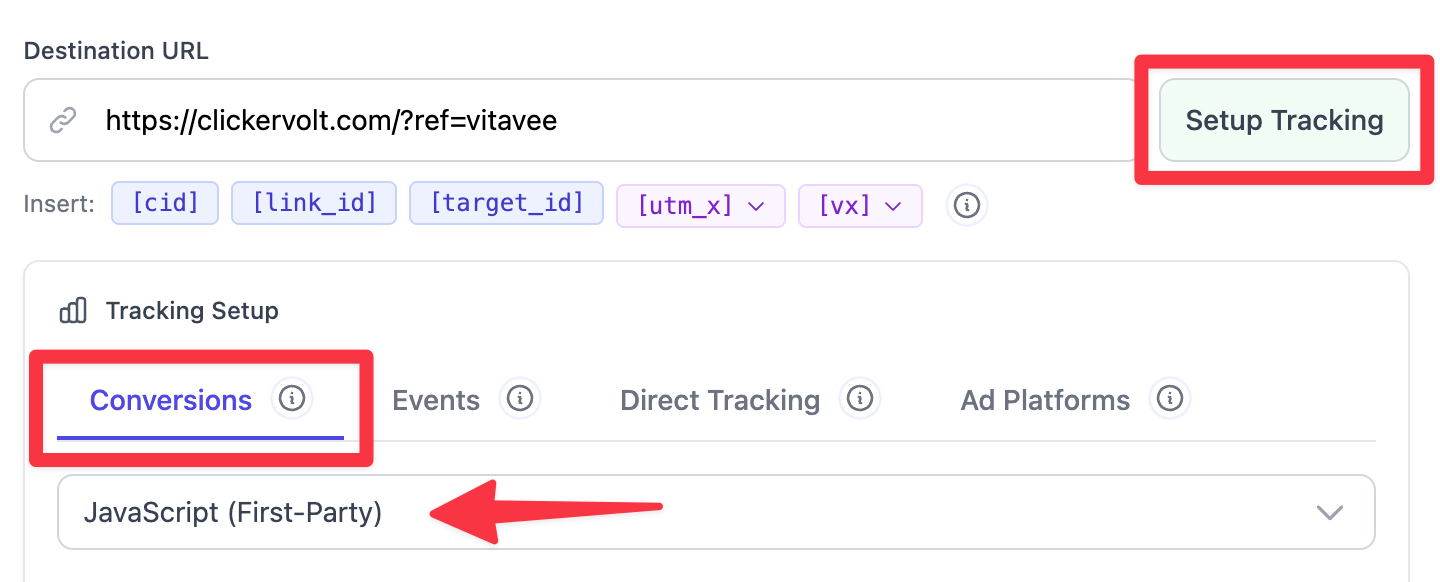 The ClickerVolt interface showing the Tracking Setup section with the Conversions tab selected and the JavaScript (First-Party) tracking method highlighted.