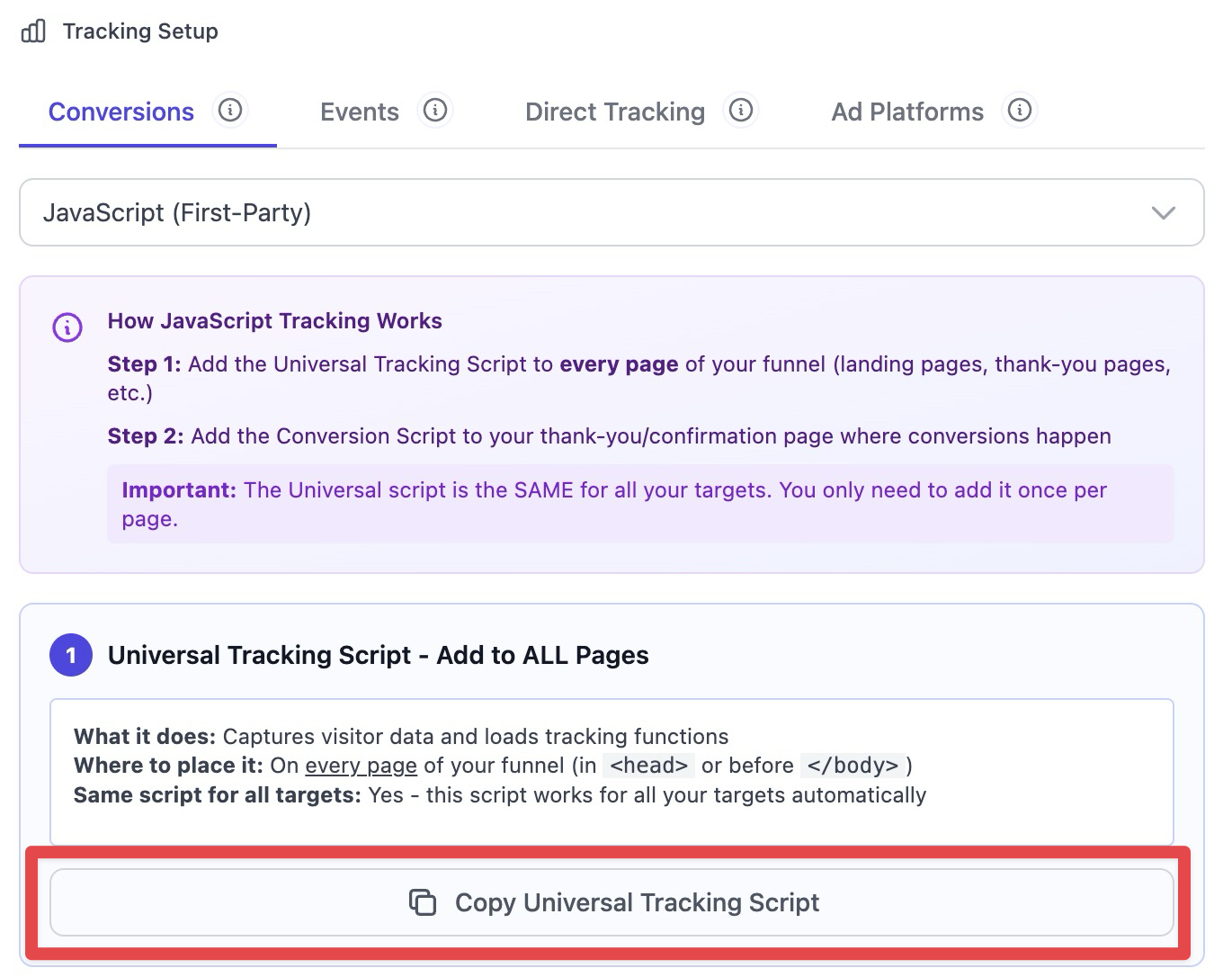 The Tracking Setup interface displays the Universal Tracking Script section with a highlighted button to copy the code snippet required for installation on all funnel pages.