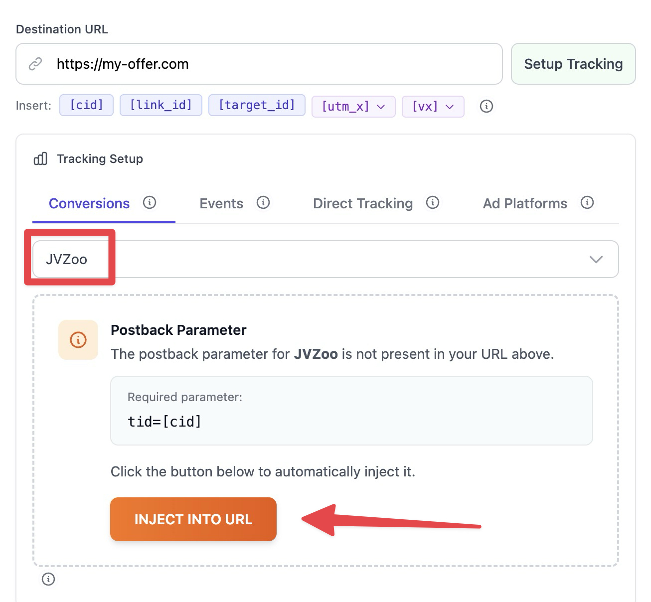 The tracking setup interface for JVZoo displays a missing postback parameter warning with an orange button to automatically inject the required tid=[cid] parameter into the destination URL.