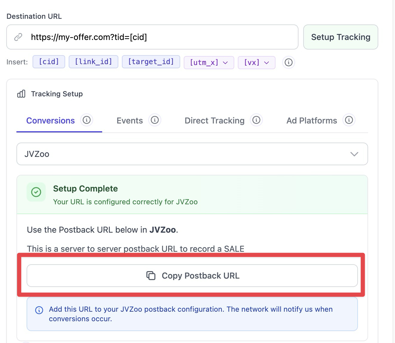 The tracking setup interface for JVZoo shows a highlighted Copy Postback URL button that users should click to copy the server-to-server tracking link for their JVZoo configuration.