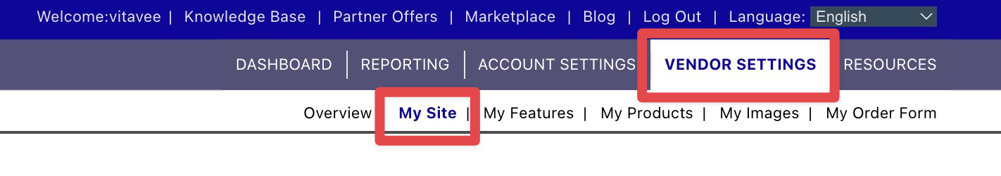 The Vendor Settings menu is selected in the navigation bar, with the My Site tab highlighted to indicate the current view.