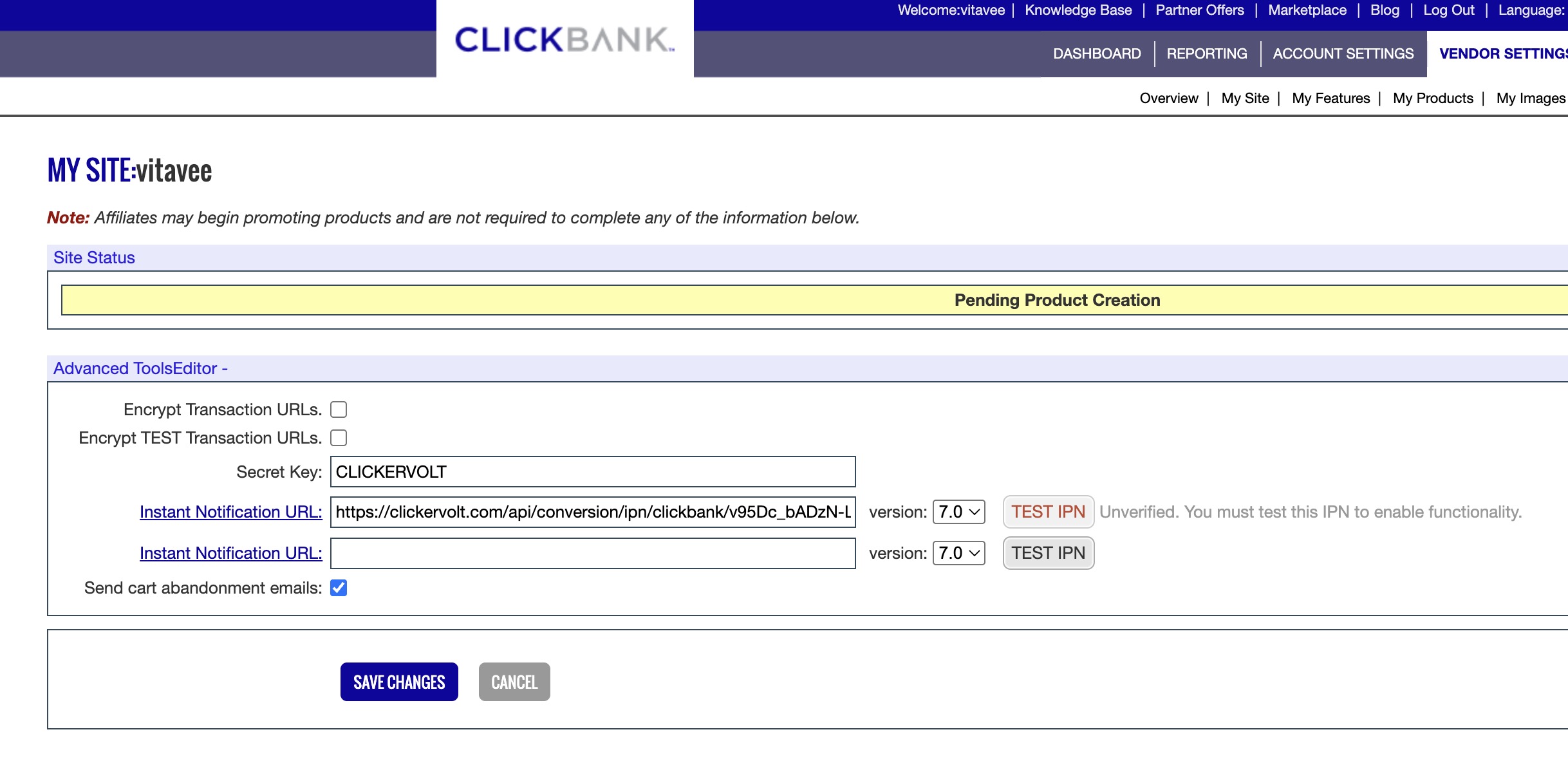 ClickBank Vendor Settings page showing the Advanced Tools Editor section where a user can configure the Secret Key and Instant Notification URL for ClickVolt integration.
