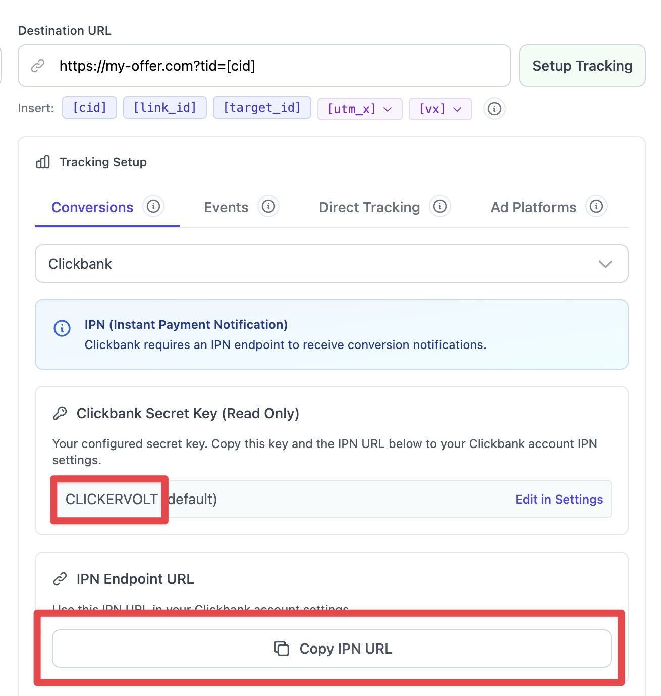 The ClickBank tracking setup interface displays a secret key and an IPN Endpoint URL, with red boxes highlighting the key and the button to copy the URL for configuration in a ClickBank account.