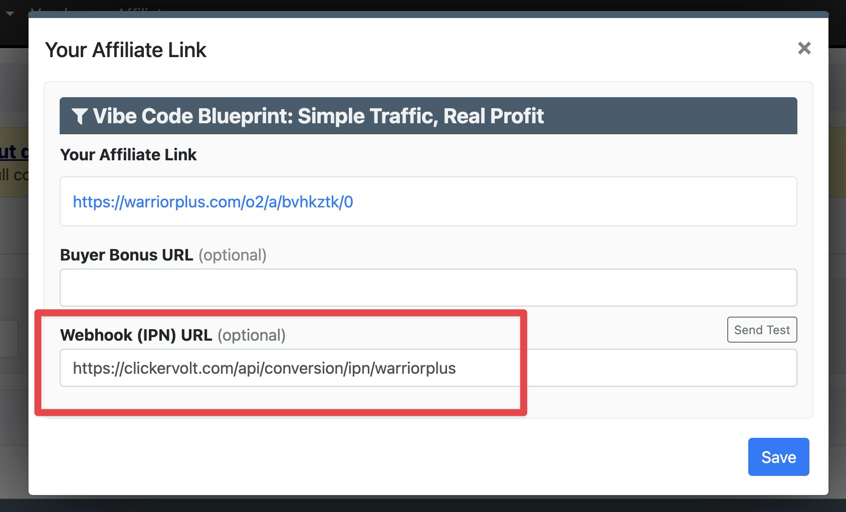 The Webhook (IPN) URL field is highlighted within the WarriorPlus affiliate link settings window, where users can input a tracking URL to receive automated conversion notifications.