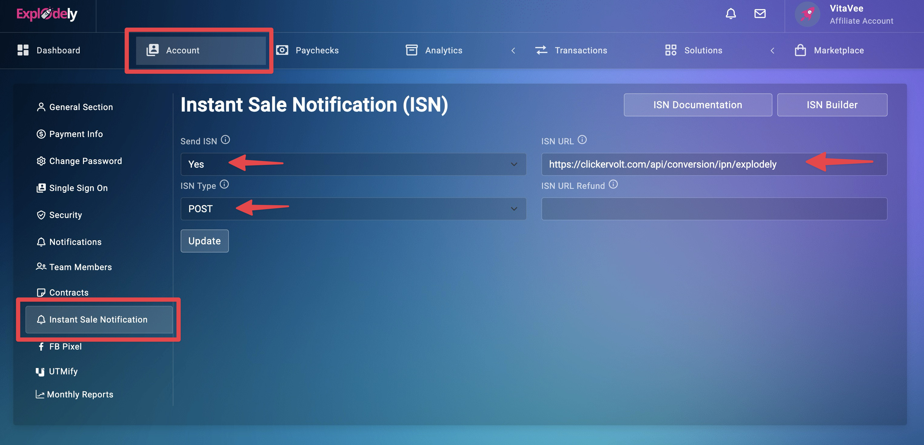 The Explodely Account settings page shows the Instant Sale Notification configuration with the Send ISN, ISN Type, and ISN URL fields highlighted and set to enable POST notifications to Clickervolt.