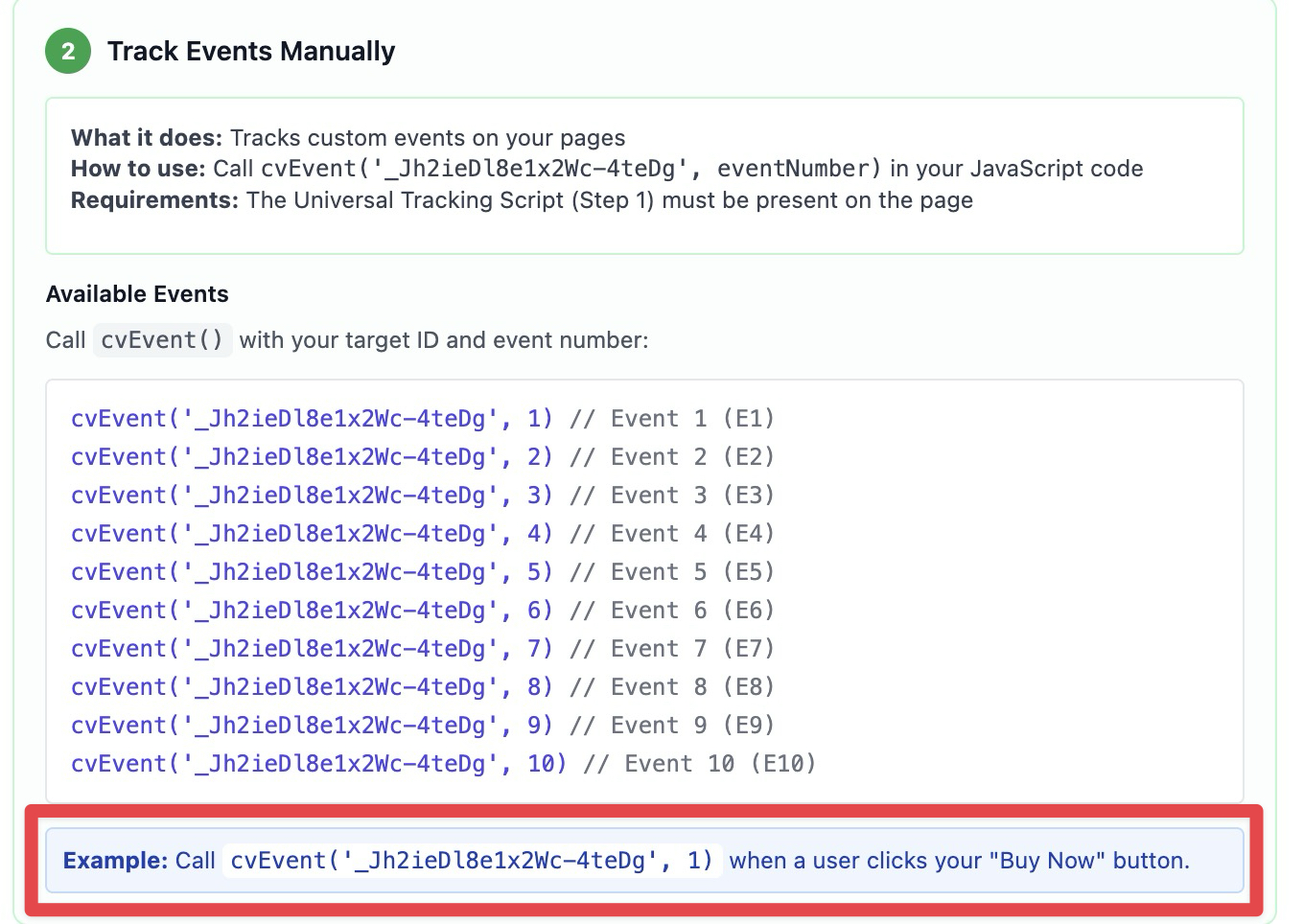 The Track Events Manually section displays the JavaScript function call for custom event tracking, with a red box highlighting an example of how to trigger the function when a user clicks a button.