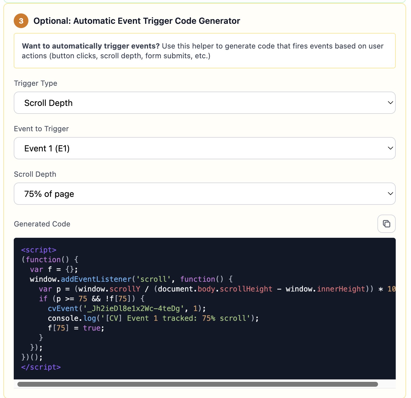 The Automatic Event Trigger Code Generator interface showing a configured scroll depth trigger for Event 1 and the resulting JavaScript code snippet for implementation.