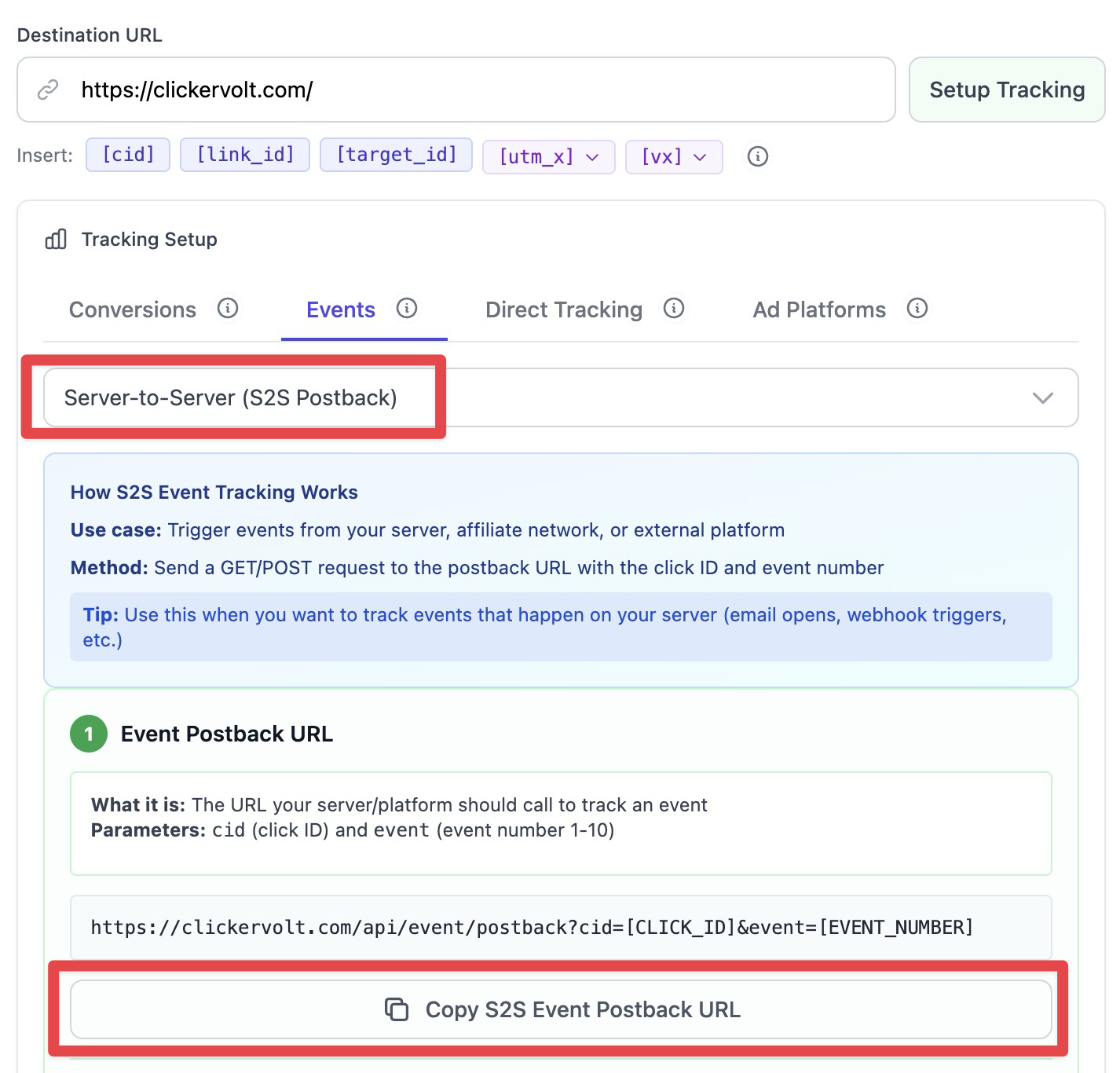 The ClickerVolt tracking interface displays the Server-to-Server (S2S) Postback configuration, with a red box highlighting the event postback URL and the button to copy it for external server integra…