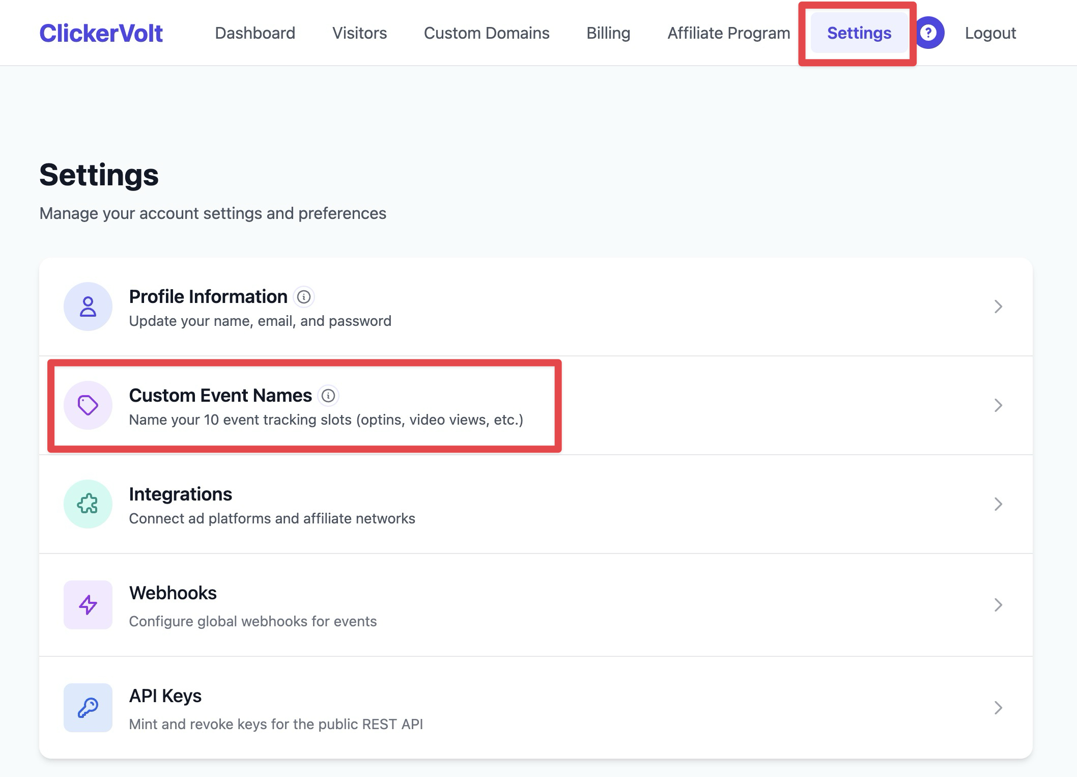 The ClickerVolt settings page with the Custom Event Names option highlighted, which allows users to label their 10 available event tracking slots.