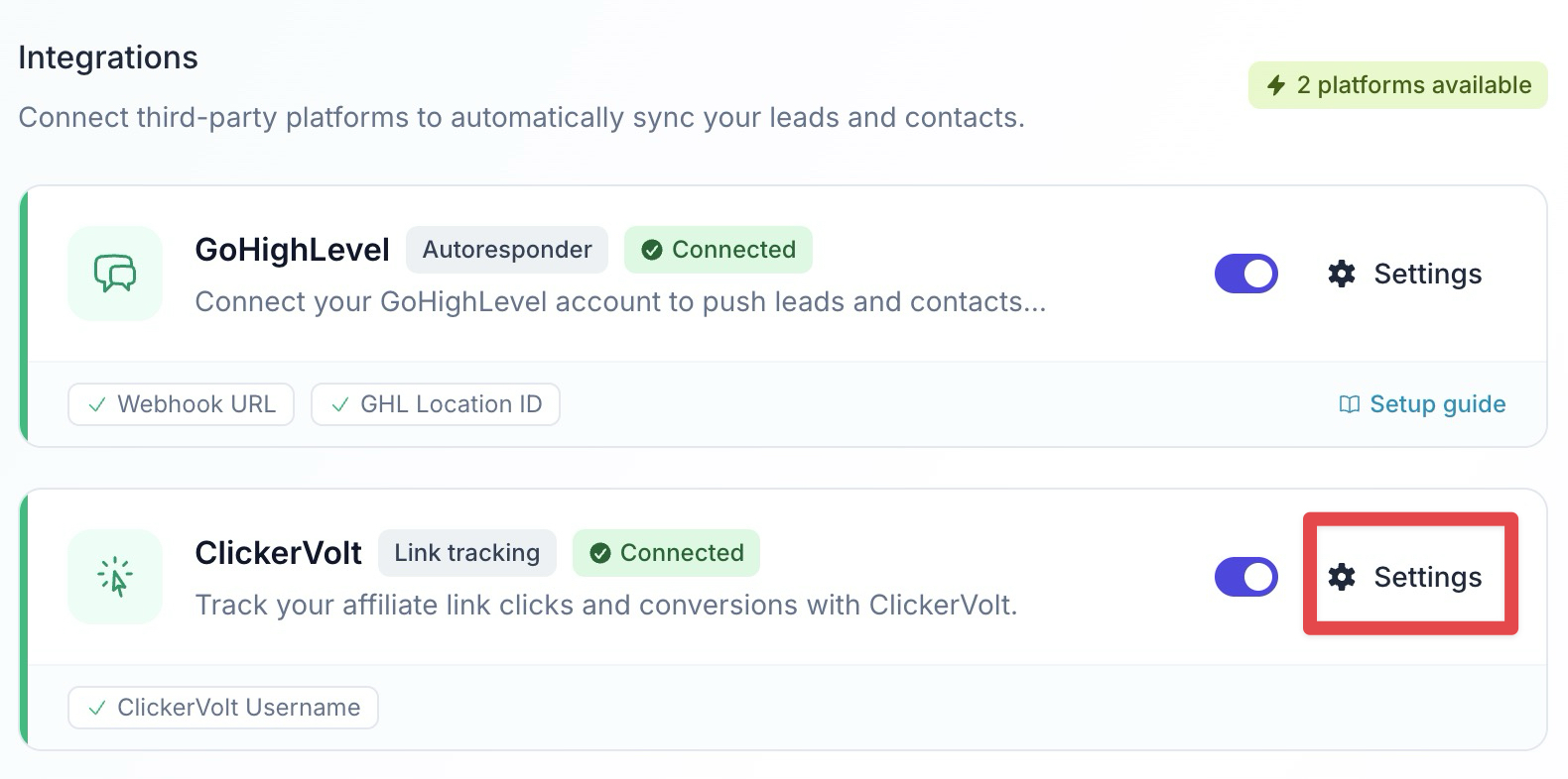 The Integrations settings page displays connected GoHighLevel and ClickerVolt platforms, with a red box highlighting the Settings button for the ClickerVolt integration to manage its configuration.