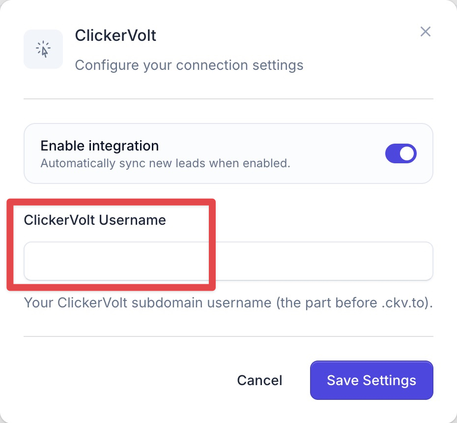 The ClickerVolt integration settings window shows a highlighted input field where users must enter their ClickerVolt subdomain username, which is the portion of their URL appearing before .ckv.to.