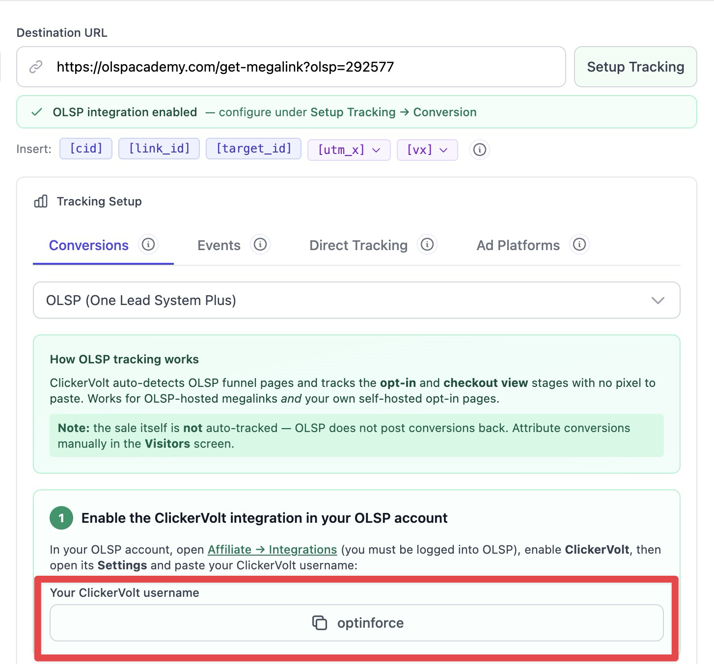 The ClickerVolt tracking setup interface for OLSP integration, highlighting the user's unique ClickerVolt username required for configuration in their OLSP account settings.