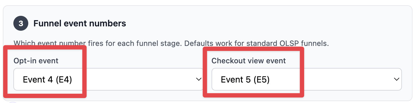 The Funnel custom event numbers section displays dropdown menus for Opt-in event and Checkout view event, with Event 4 and Event 5 currently selected as the default configurations.