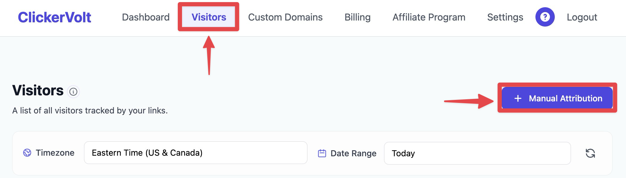 The Visitors page in ClickerVolt, highlighting the Manual Attribution button used to manually attribute visitor data.