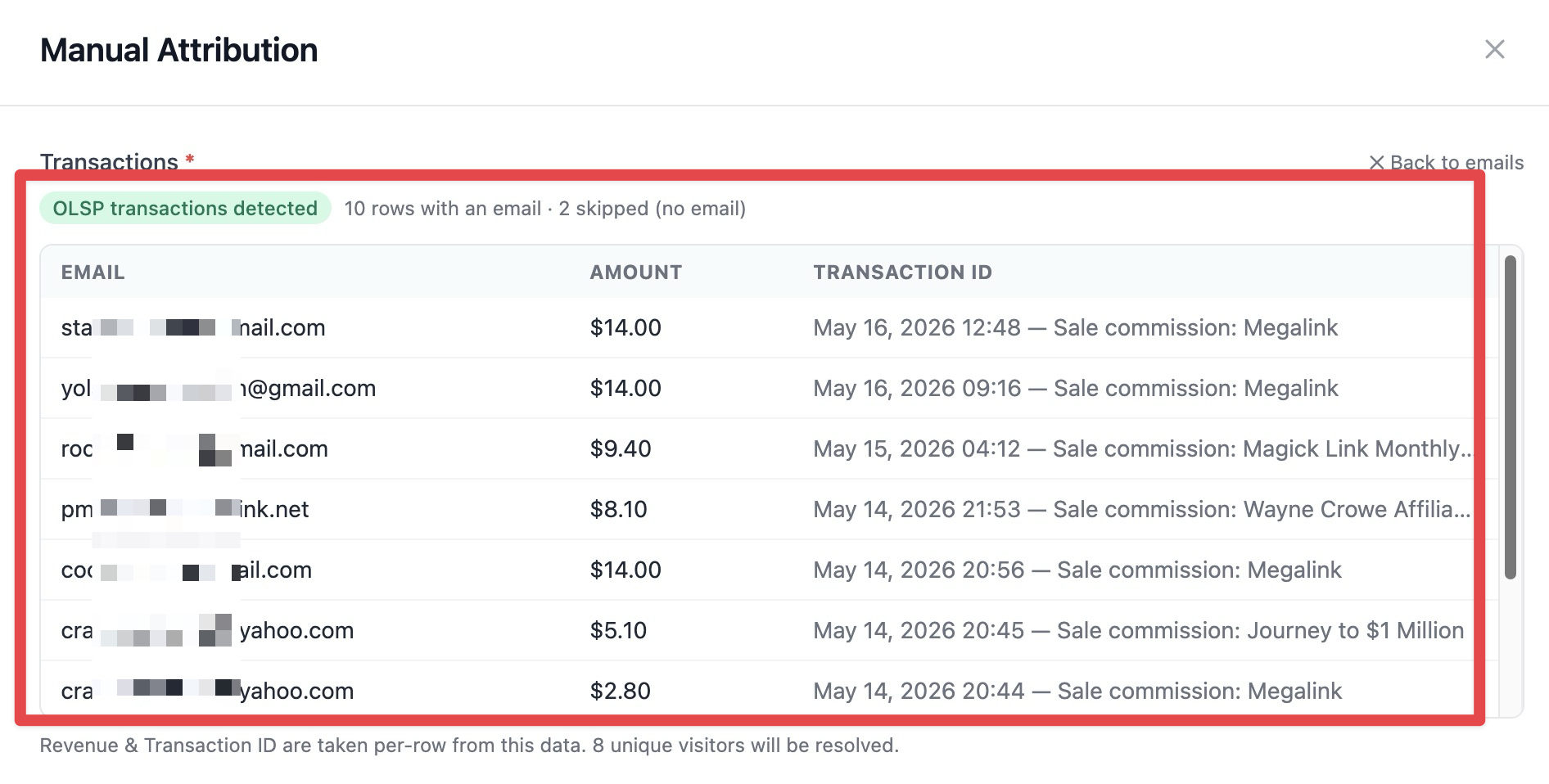 The Manual Attribution interface displays a list of detected transaction data, including email addresses, amounts, and transaction IDs, ready for processing.