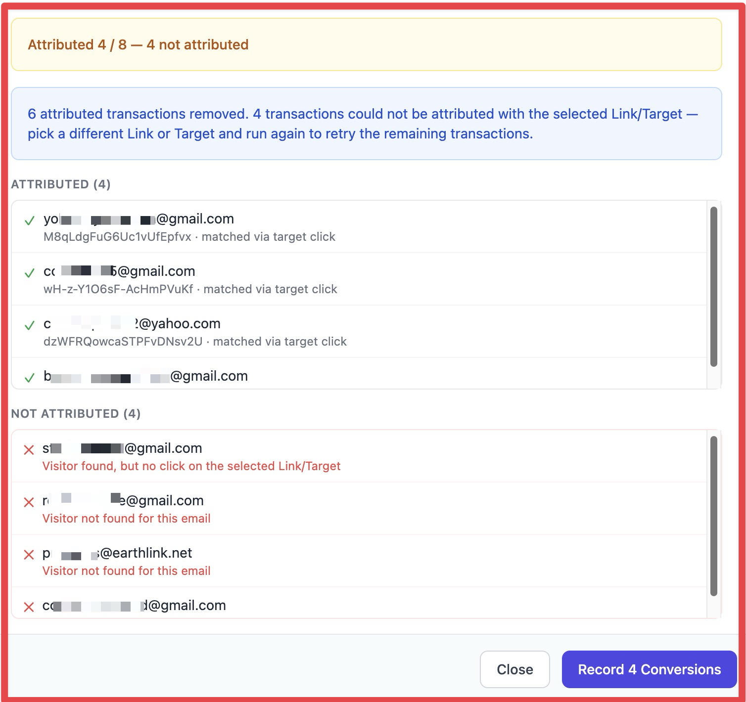 The attribution results window displays four successfully matched transactions and four unmatched transactions, prompting the user to select a different link or target to retry the remaining records.