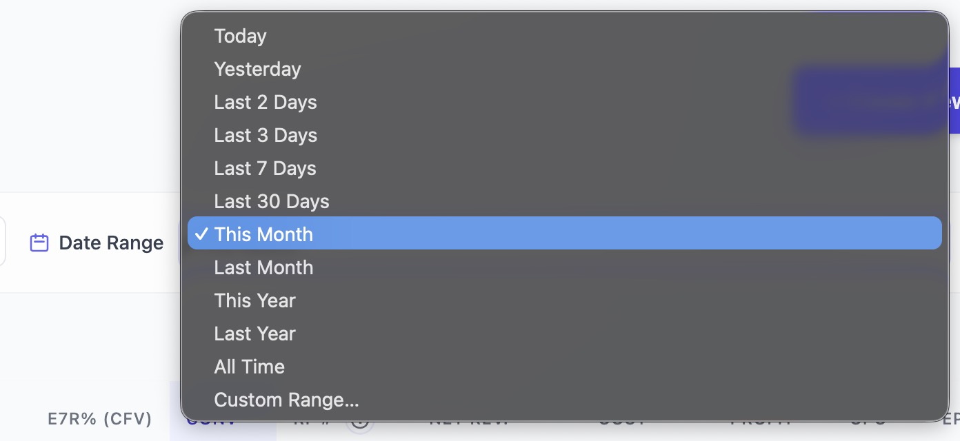 A dropdown menu for selecting a date range is open, with the This Month option currently highlighted and selected.
