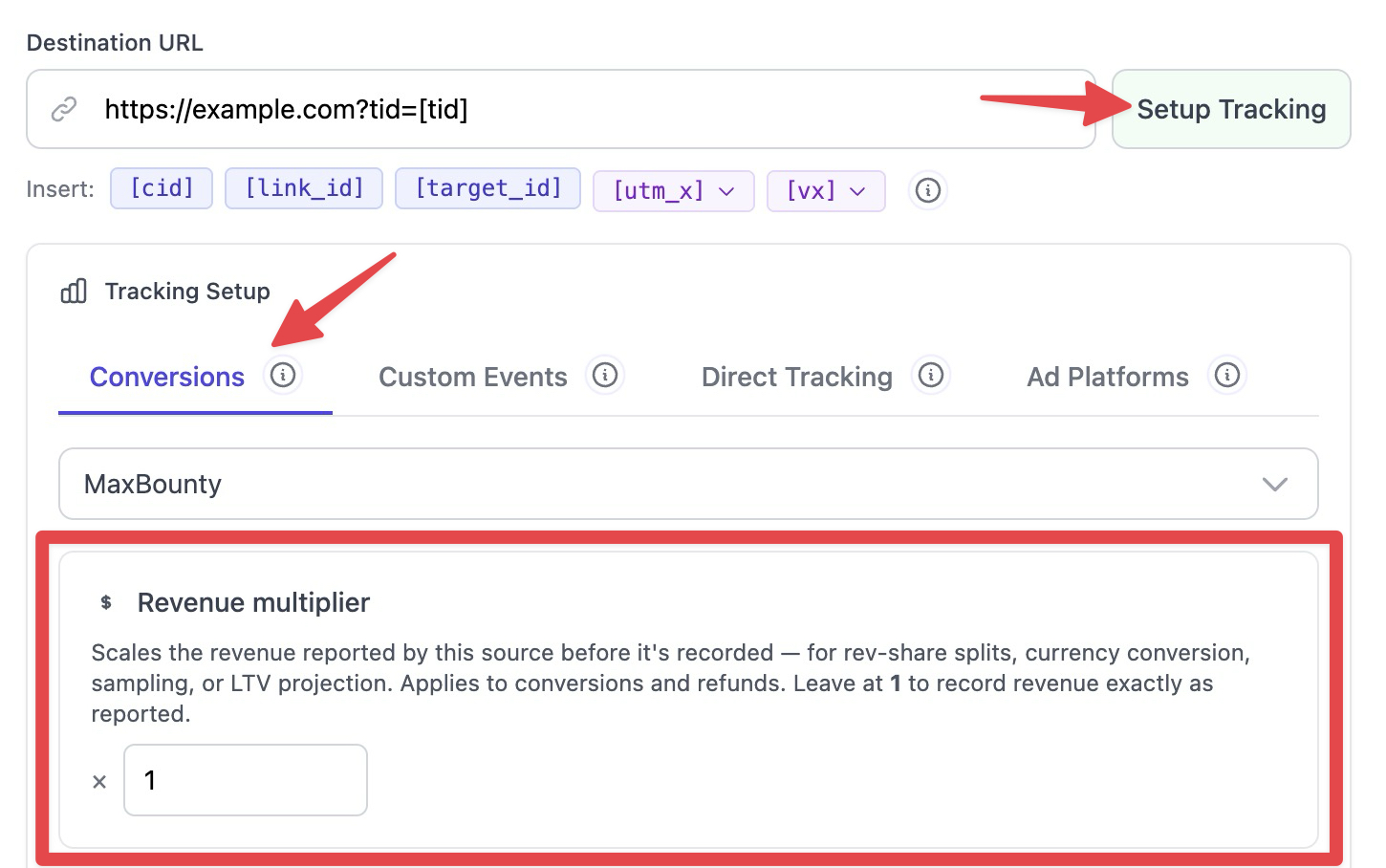 The Tracking Setup interface for MaxBounty, highlighting the Revenue multiplier field used to scale reported conversion and refund revenue.